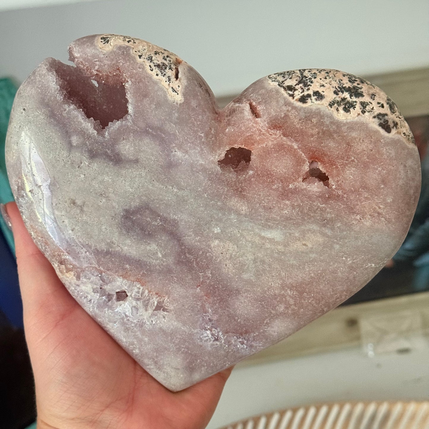 Pink Amethyst & Flower Agate Druzy Crystal Heart