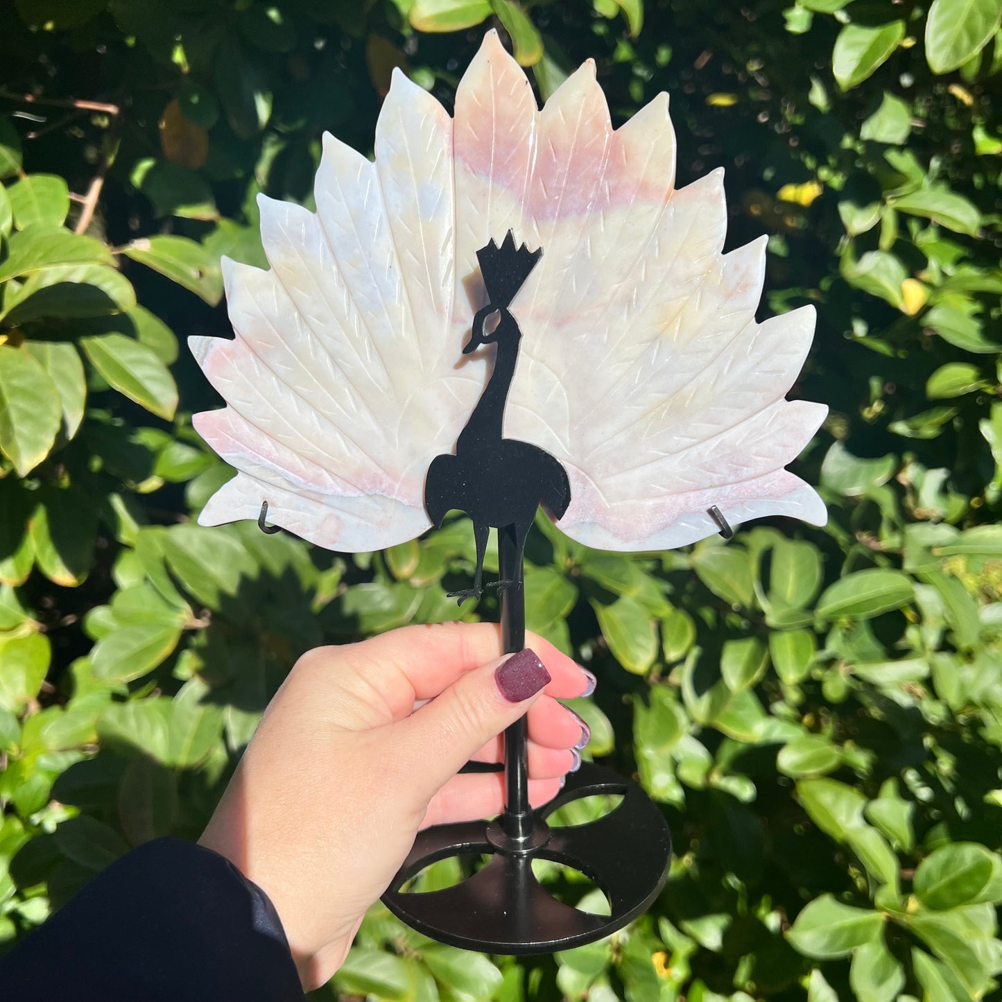 Rare Pink Calcite Peacock Crystal Wings Carving