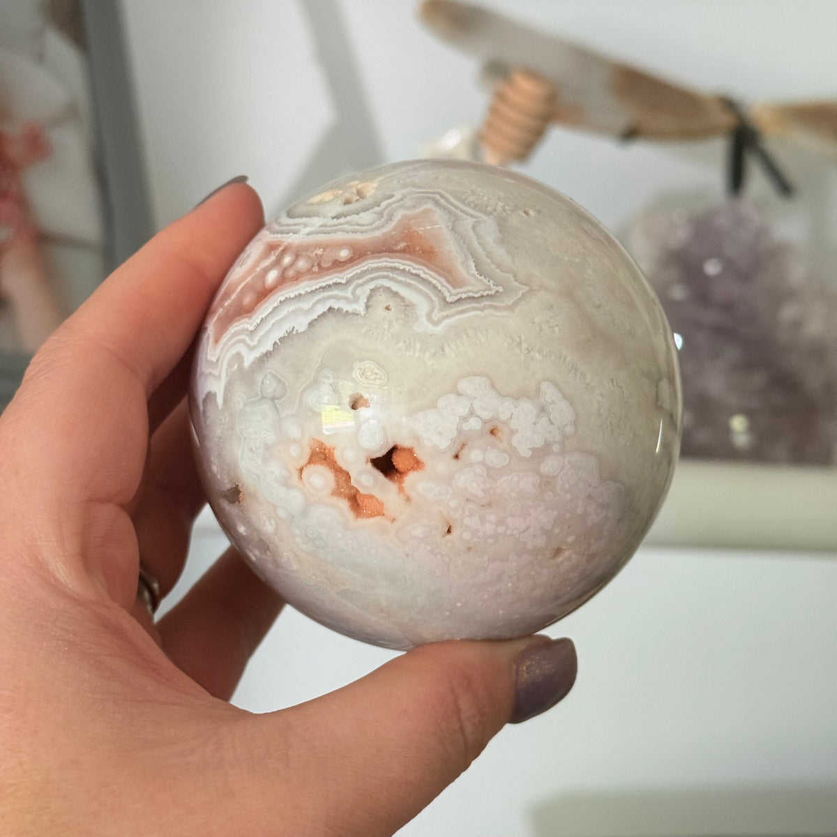 Pink Amethyst & Flower Agate Crystal Sugar Druzy Sphere