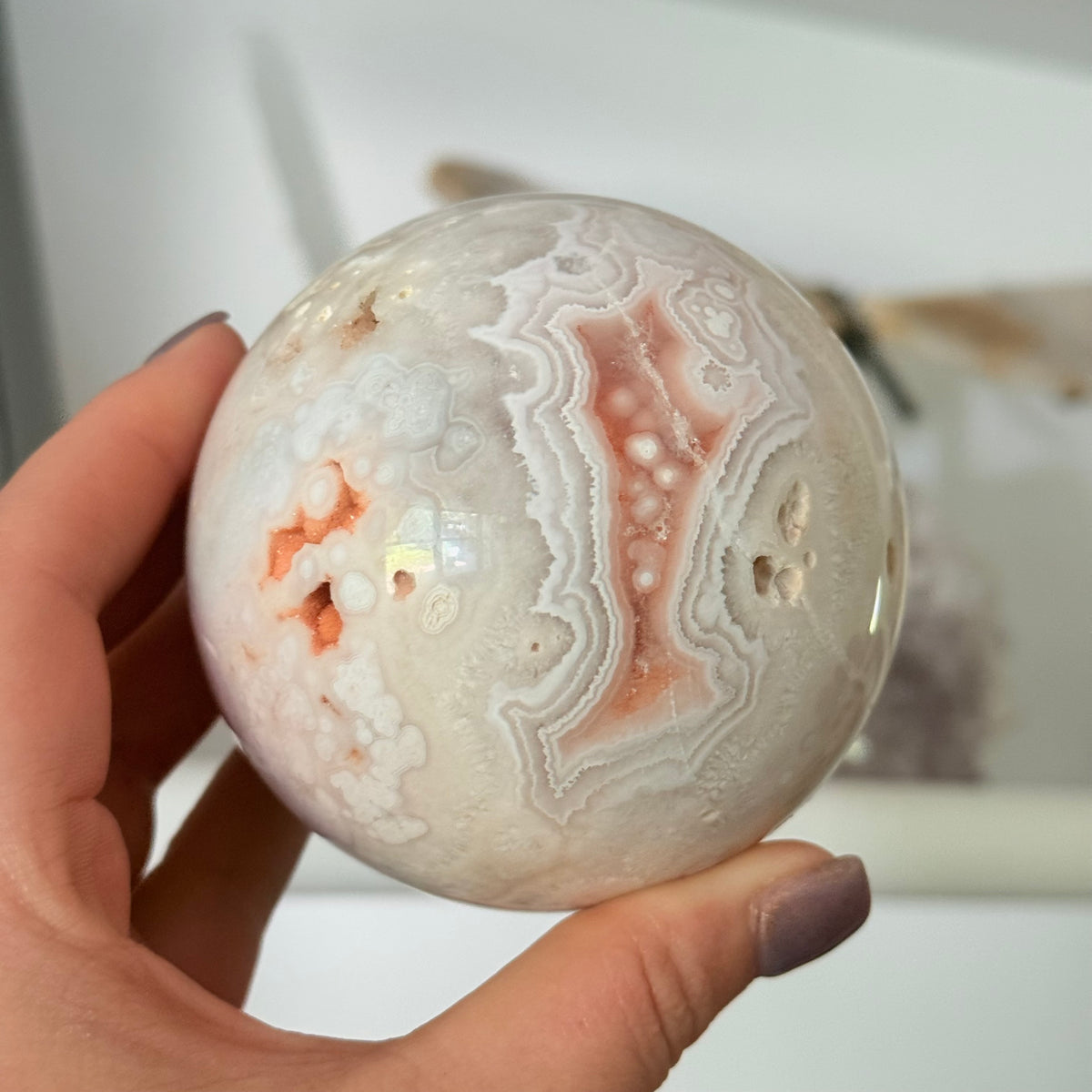 Pink Amethyst & Flower Agate Crystal Sugar Druzy Sphere