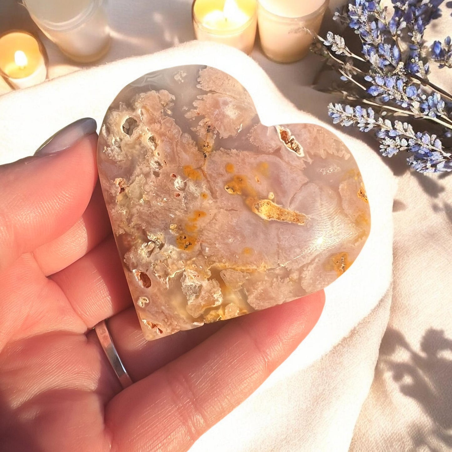 Flower Agate Crystal Heart Carving