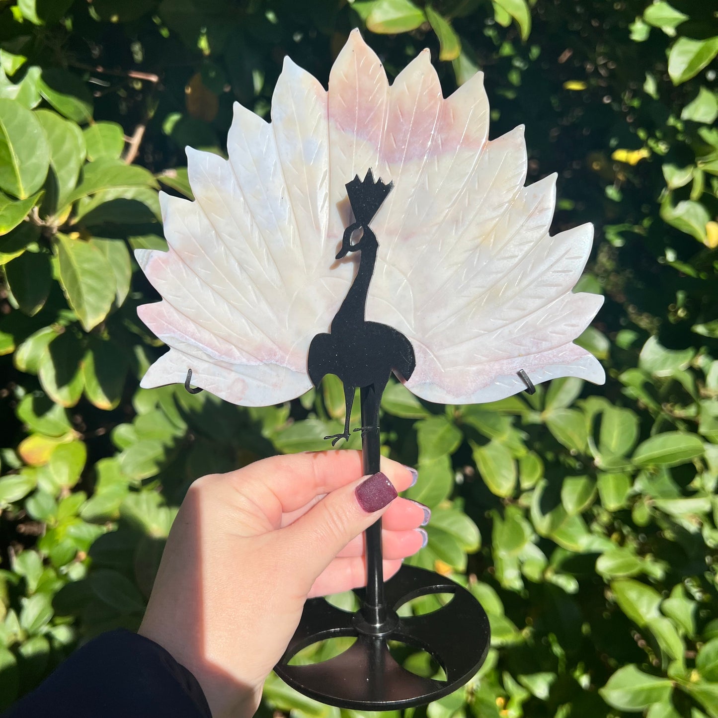 Rare Pink Calcite Peacock Crystal Wings Carving