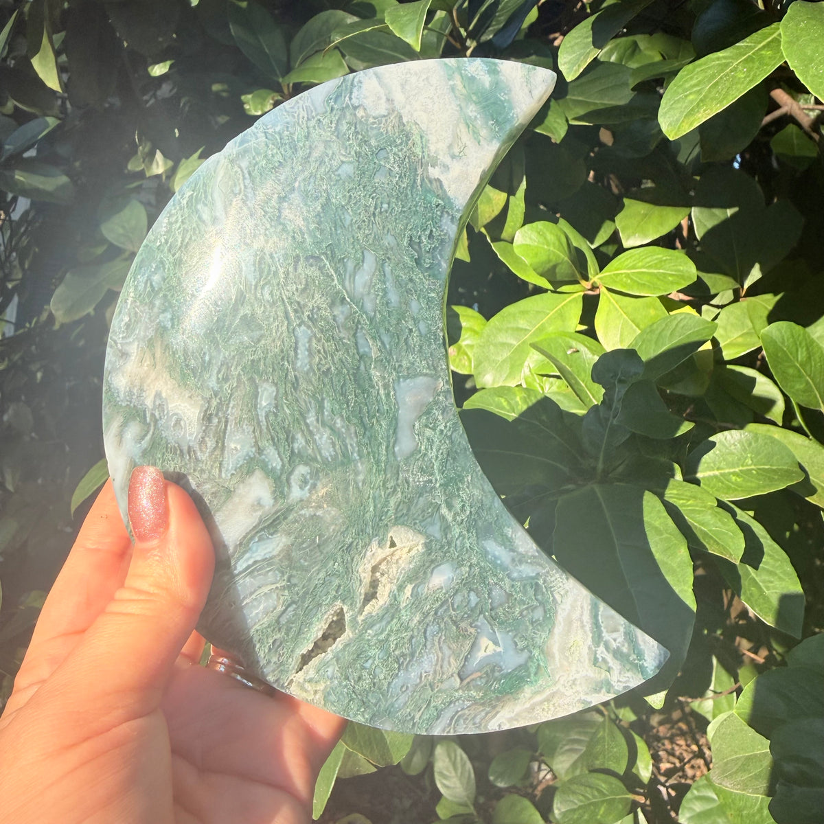 Natural Moss Agate Crystal Moon Carving