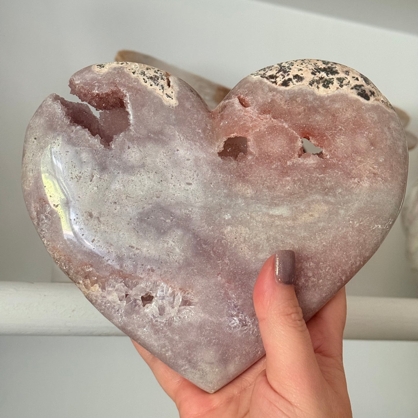 Pink Amethyst & Flower Agate Druzy Crystal Heart