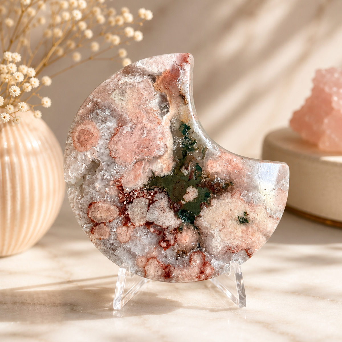 Pink Amethyst & Flower Agate Moon Druzy Crystal Heart