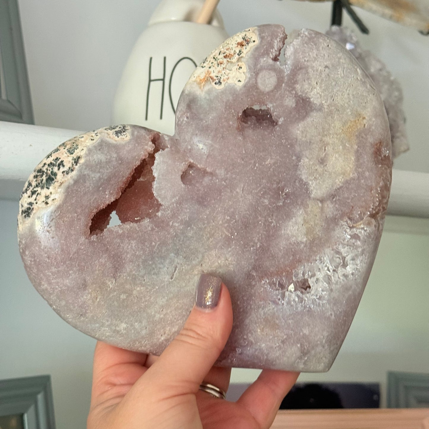 Pink Amethyst & Flower Agate Druzy Crystal Heart