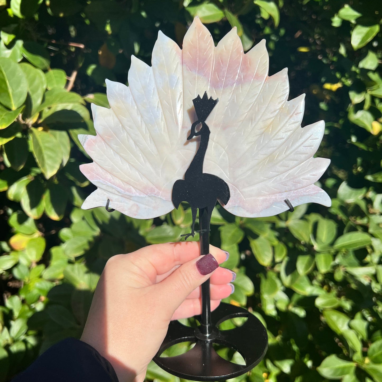 Rare Pink Calcite Peacock Crystal Wings Carving