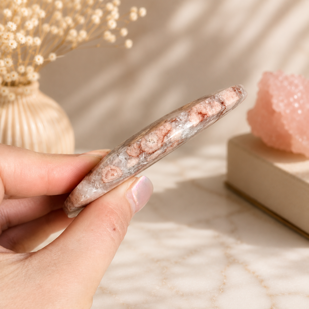 Pink Amethyst & Flower Agate Moon Druzy Crystal Heart