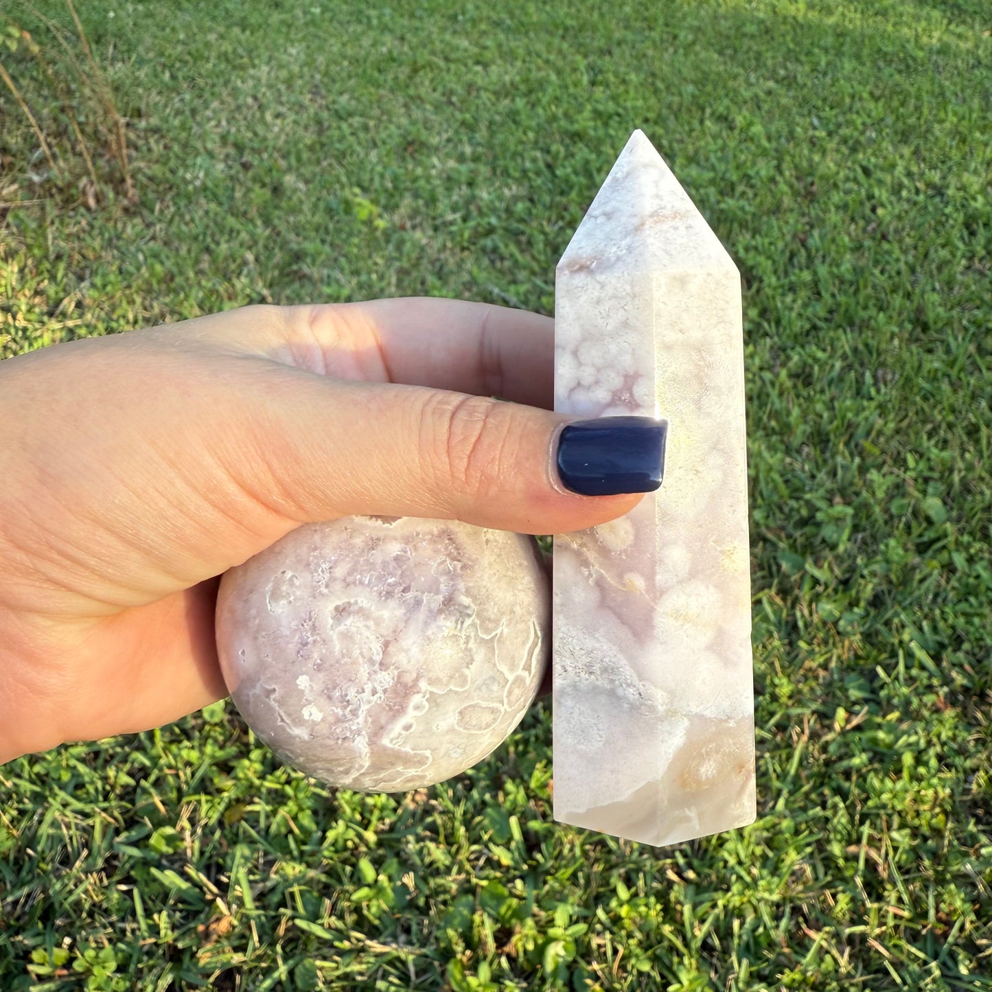 Pink Amethyst & Flower Agate Crystal Combo Sphere & Tower with Druzy