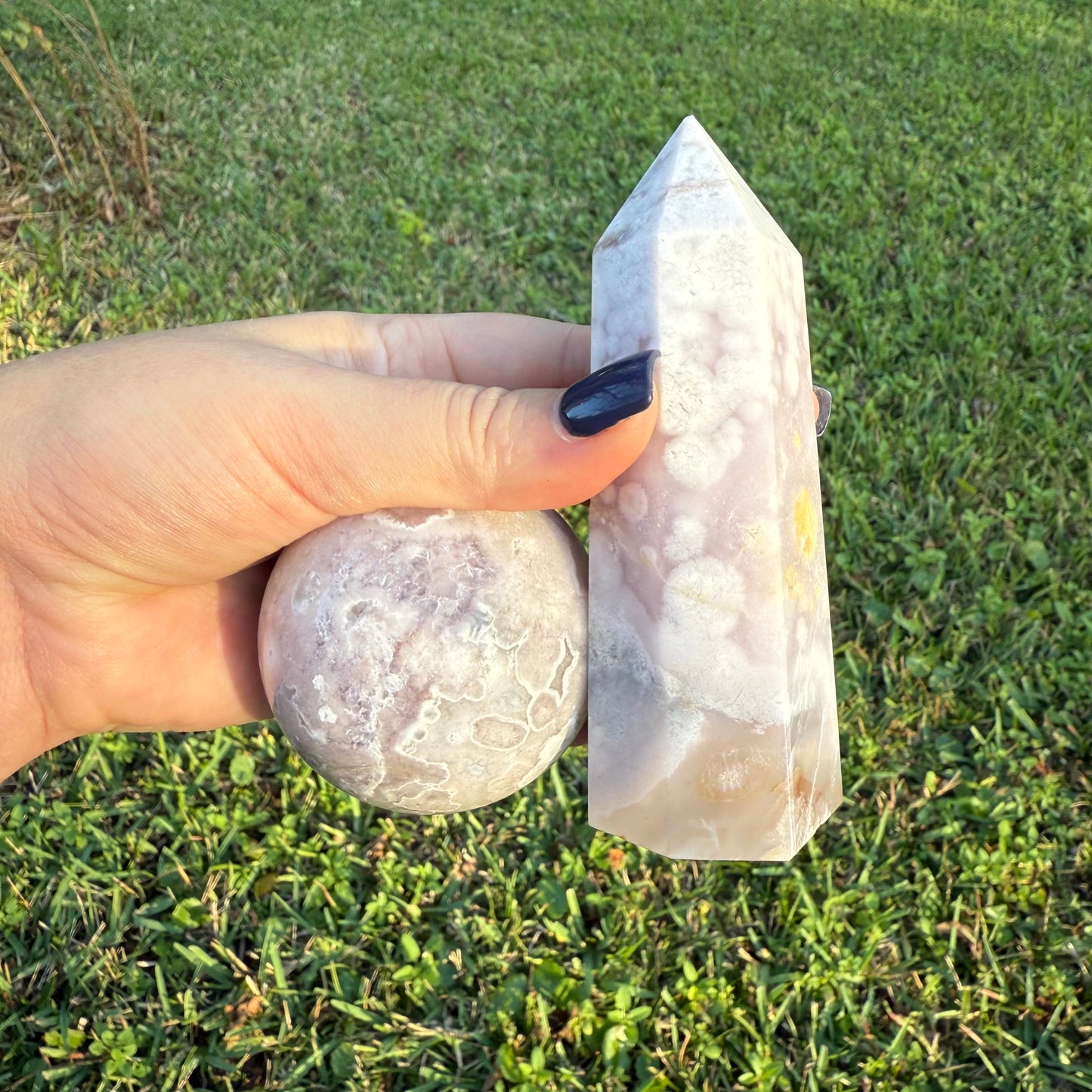 Pink Amethyst & Flower Agate Crystal Combo Sphere & Tower with Druzy