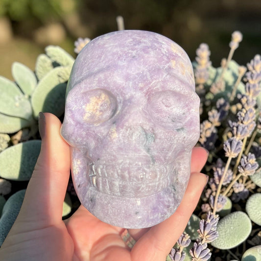 Large Lepidolite Crystal Skull Carving (1.94 lb) – Hand-Carved Statement Piece