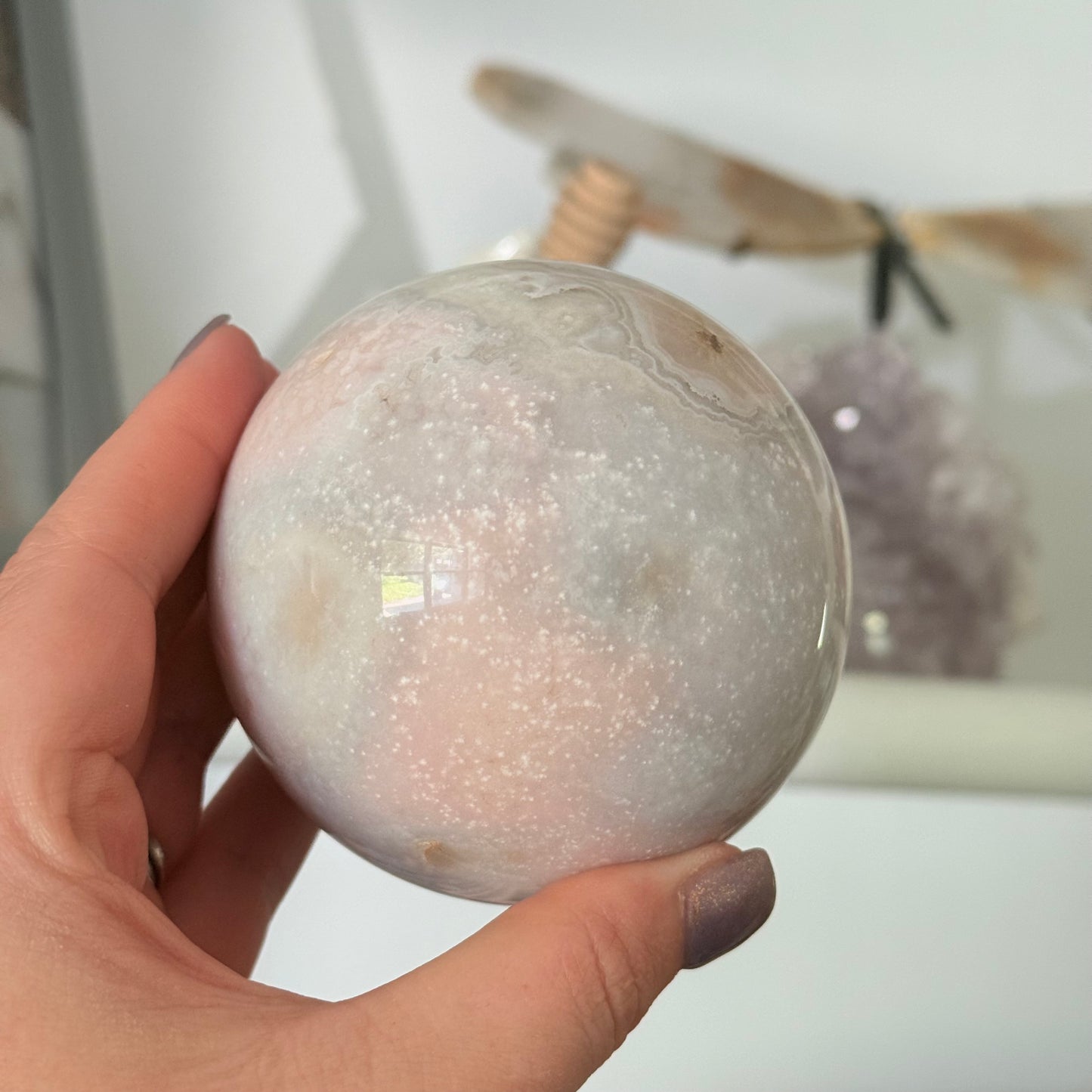 Pink Amethyst & Flower Agate Crystal Sugar Druzy Sphere