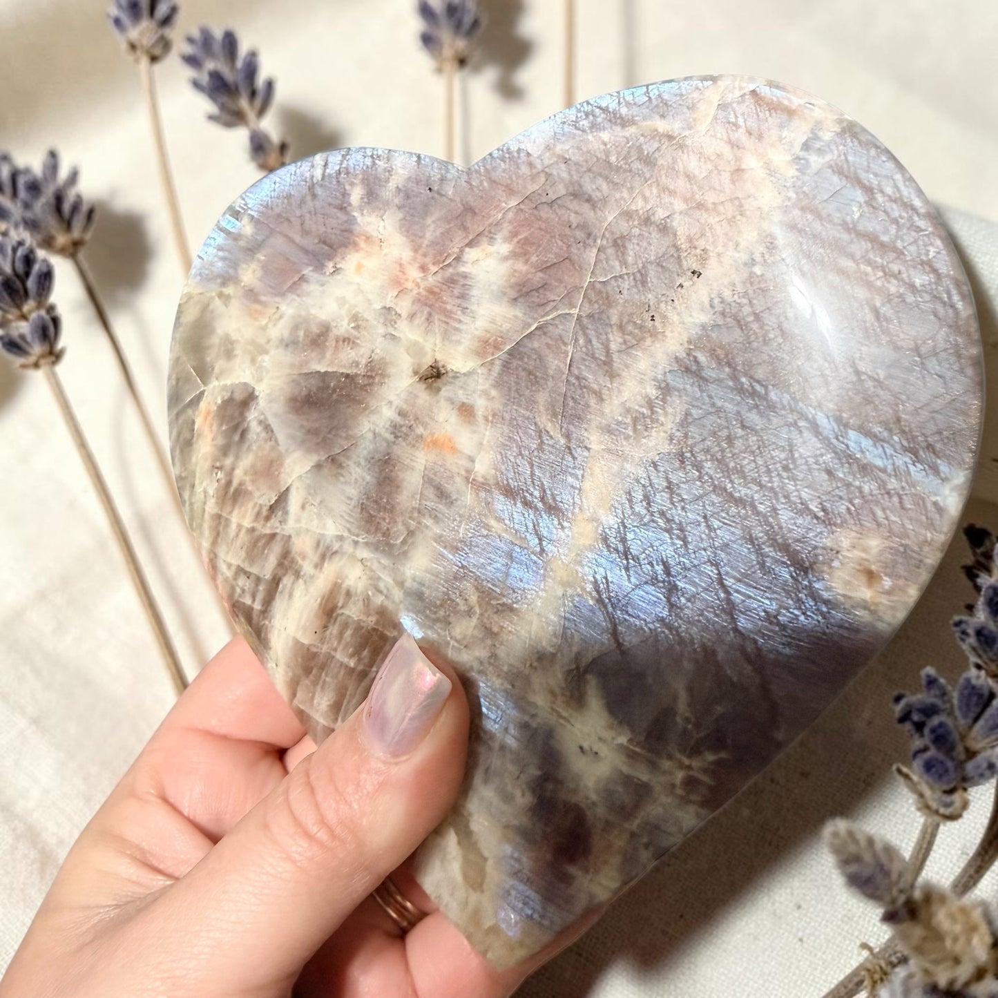 Sunstone Moonstone Crystal Heart w/ Flash