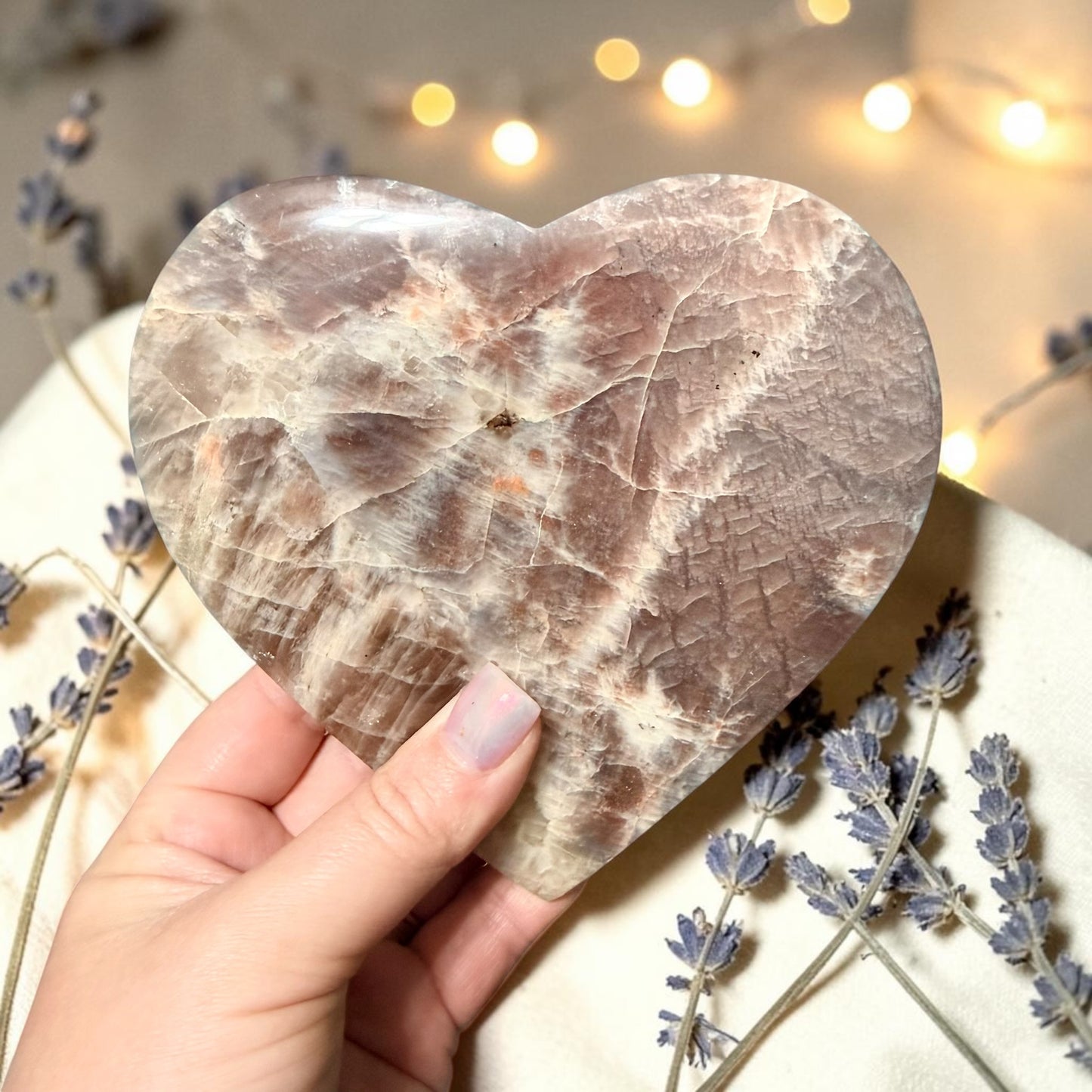 Sunstone Moonstone Crystal Heart w/ Flash