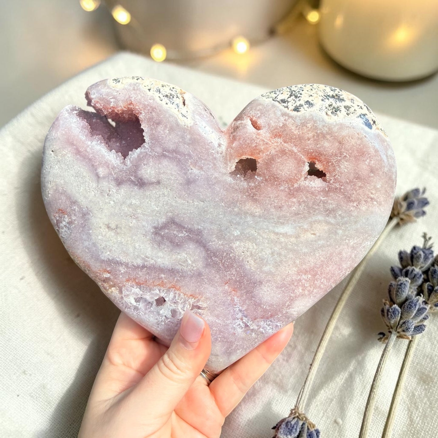 Pink Amethyst & Flower Agate Druzy Crystal Heart