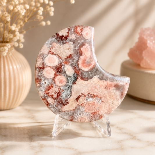 Pink Amethyst & Flower Agate Moon Druzy Crystal Heart