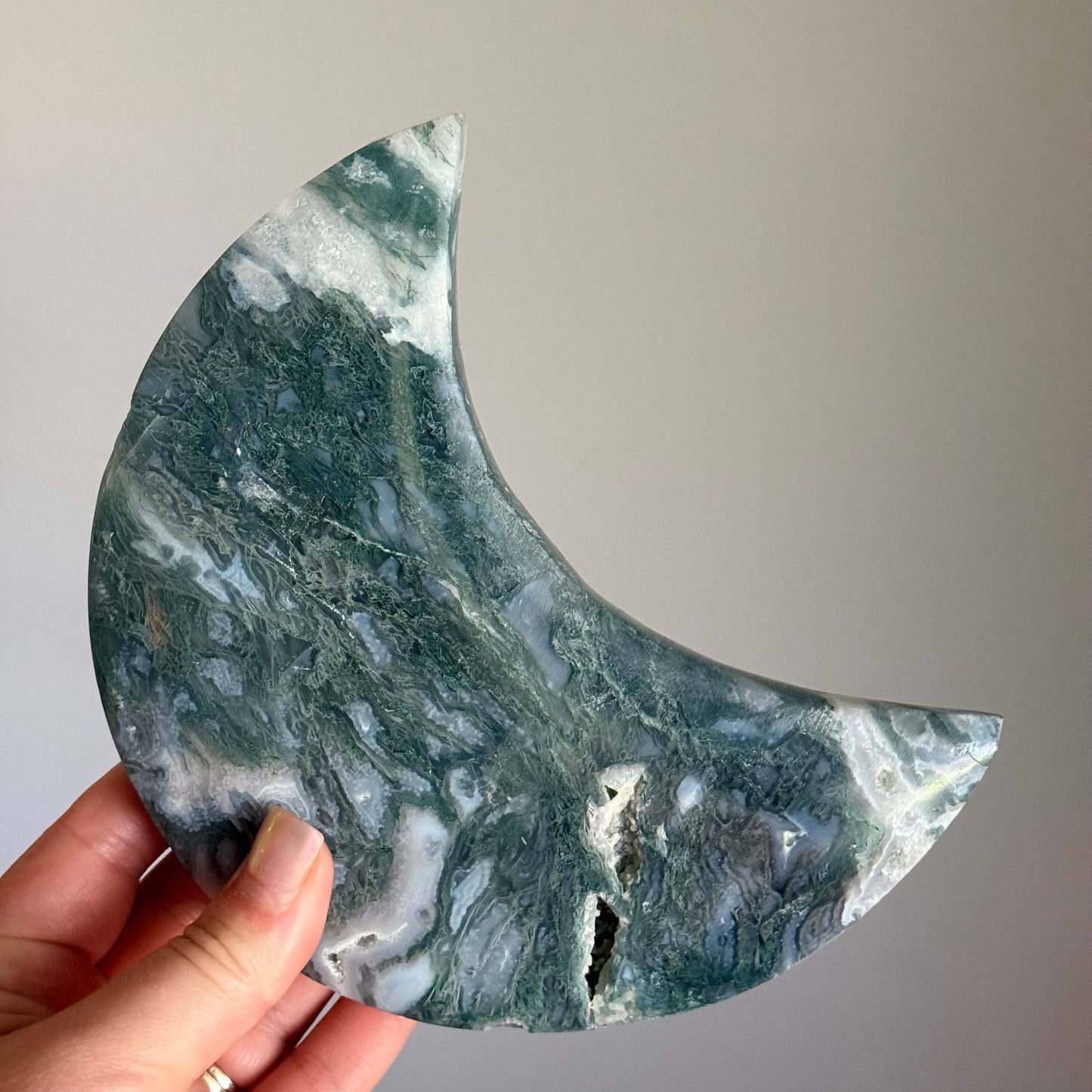 Natural Moss Agate Crystal Moon Carving