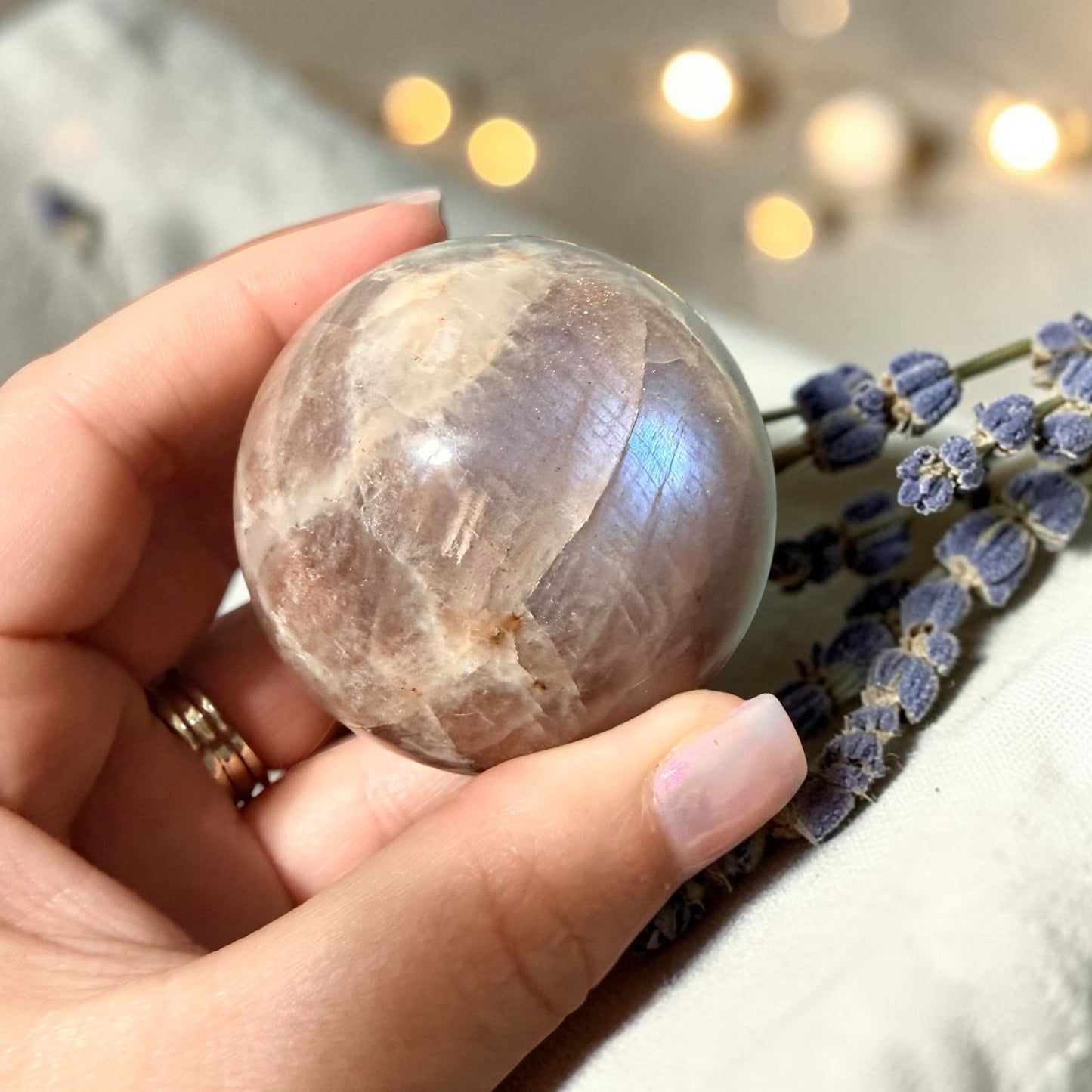 Natural Moonstone Crystal Sphere w/ Flash