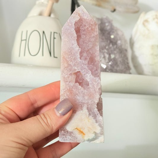 Druzy Pink Amethyst & Flower Agate Crystal Tower