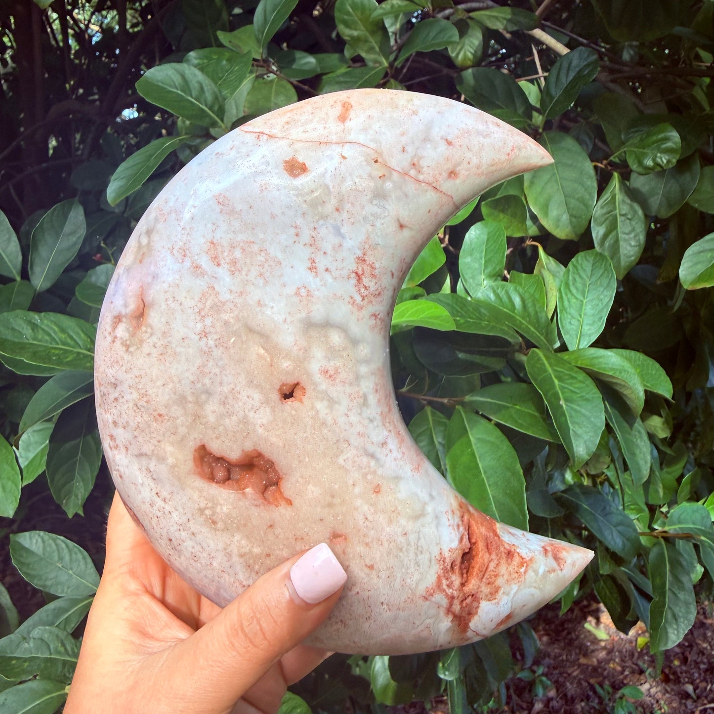 Pink Amethyst Druzy Crystal Moon Carving