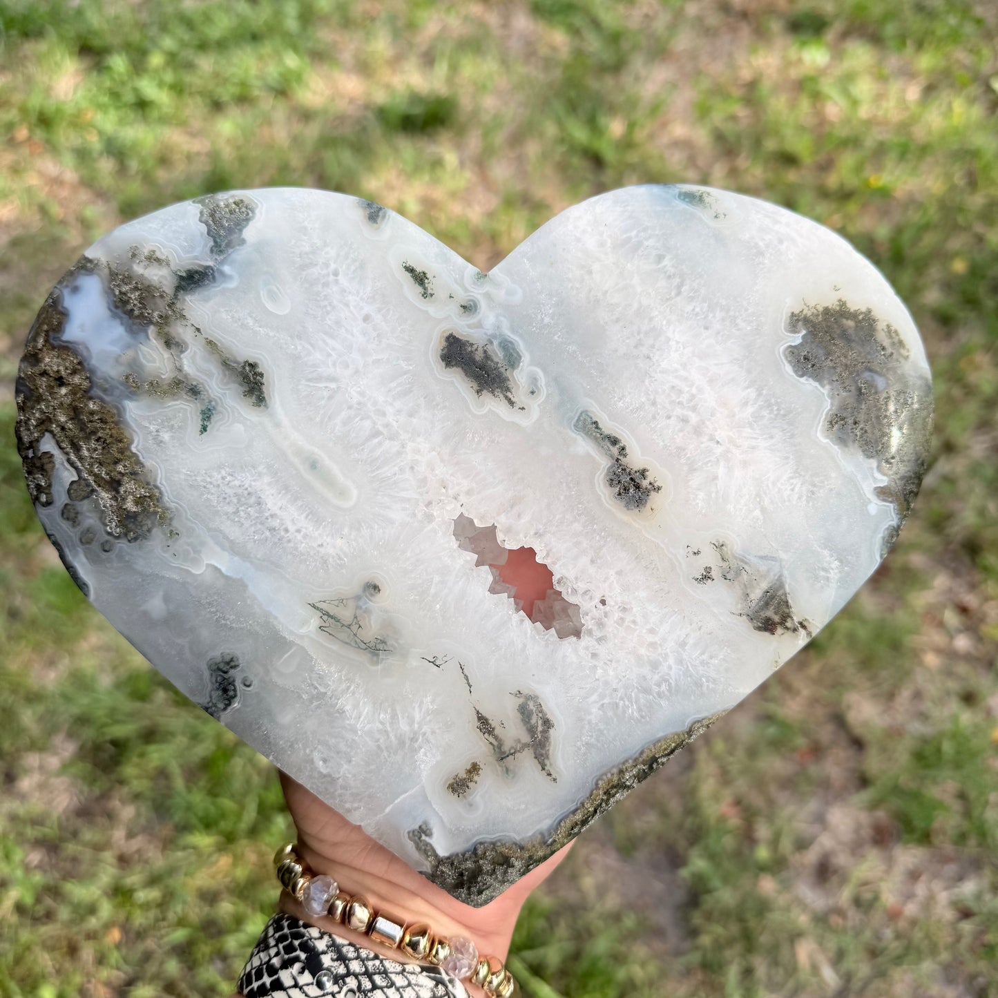 Natural Moss Agate Crystal Heart Carving