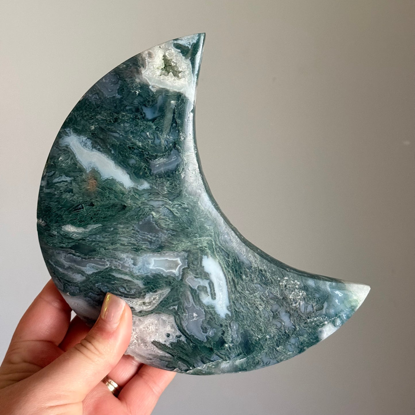 Natural Moss Agate Crystal Moon Carving