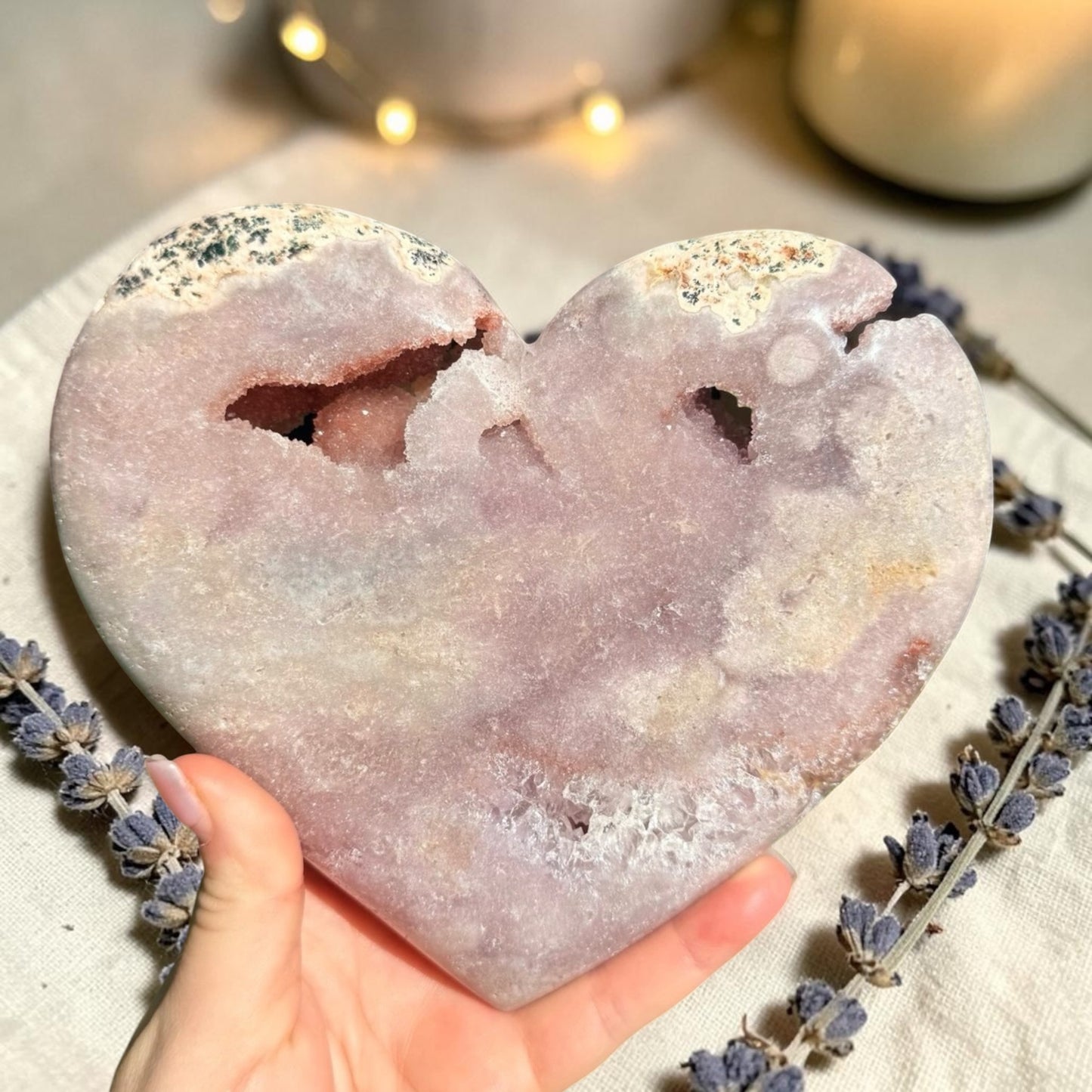 Pink Amethyst & Flower Agate Druzy Crystal Heart