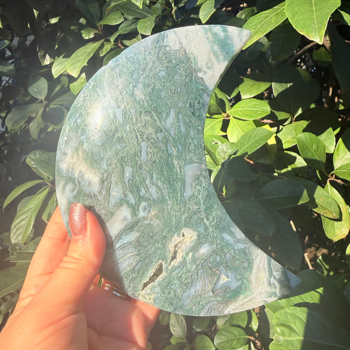 Natural Moss Agate Crystal Moon Carving
