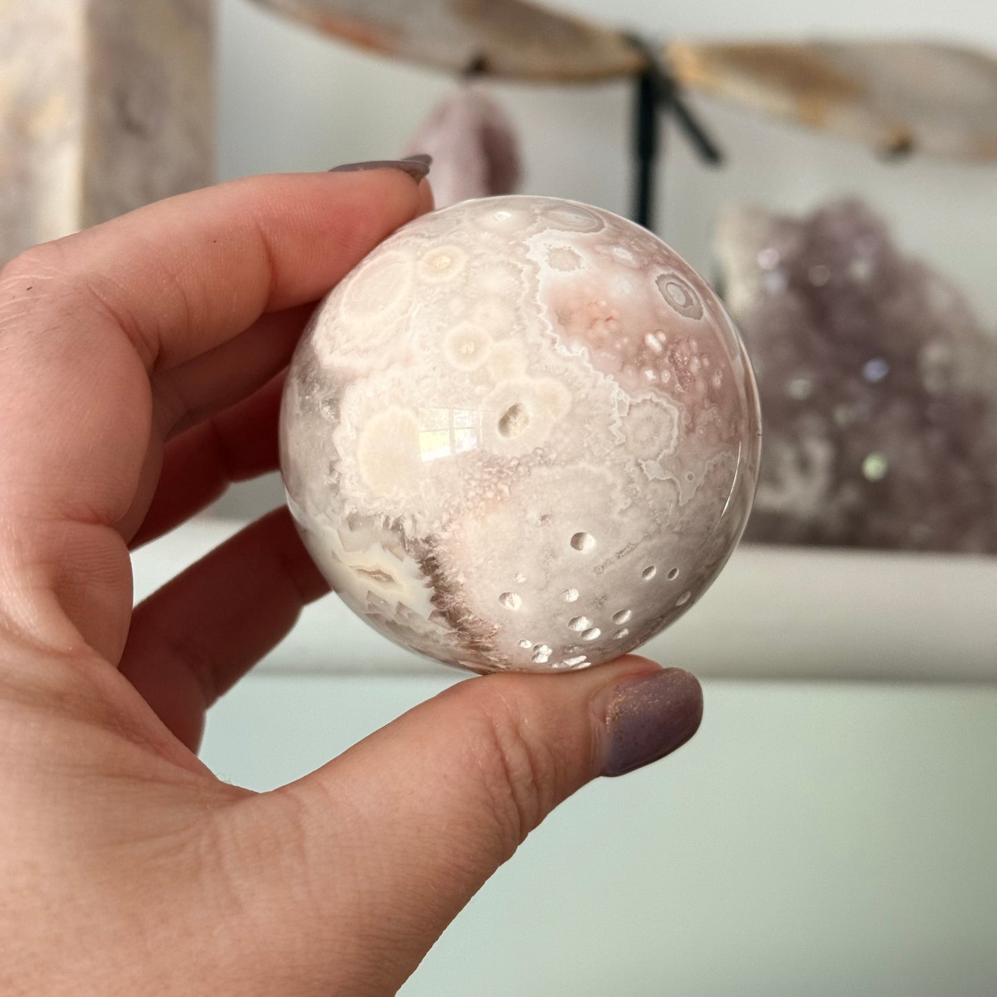 Pink Amethyst & Flower Agate Druzy Crystal Sphere