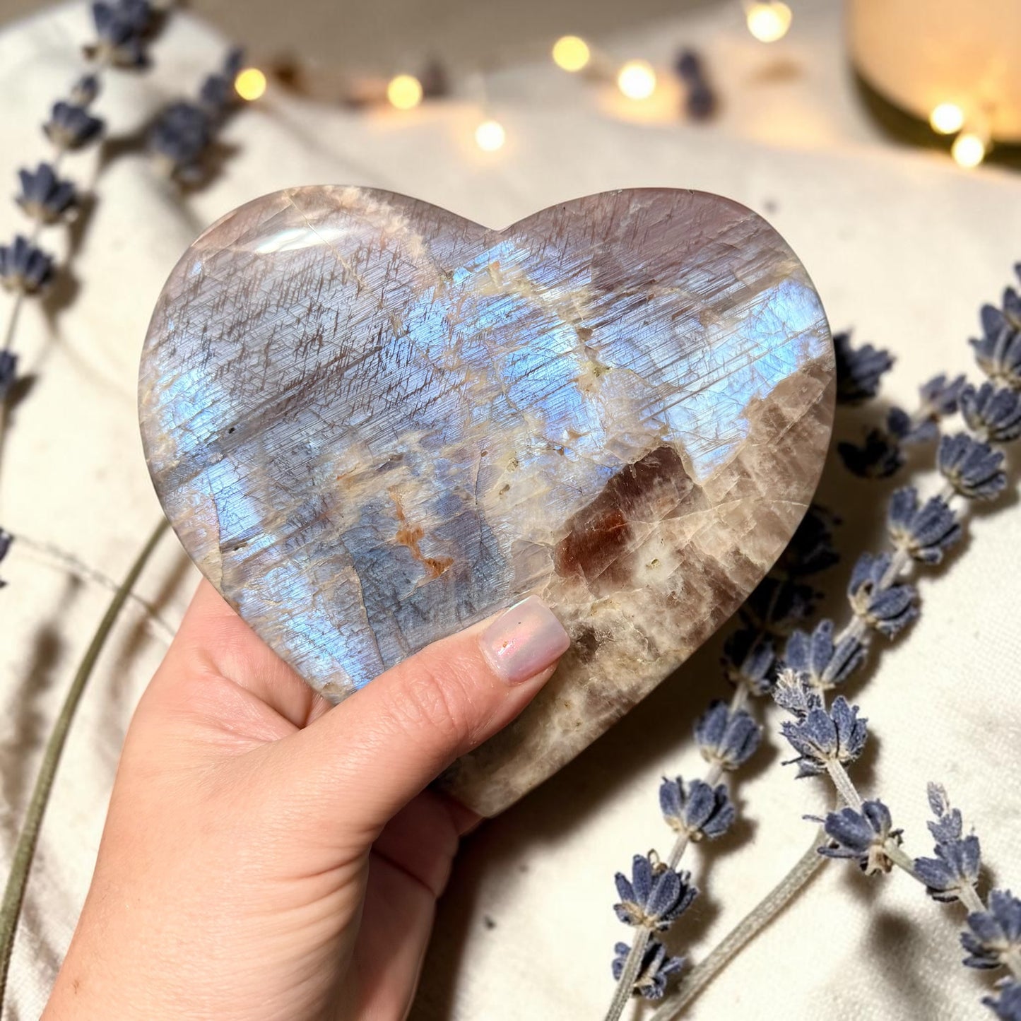 Sunstone Moonstone Crystal Heart w/ Flash