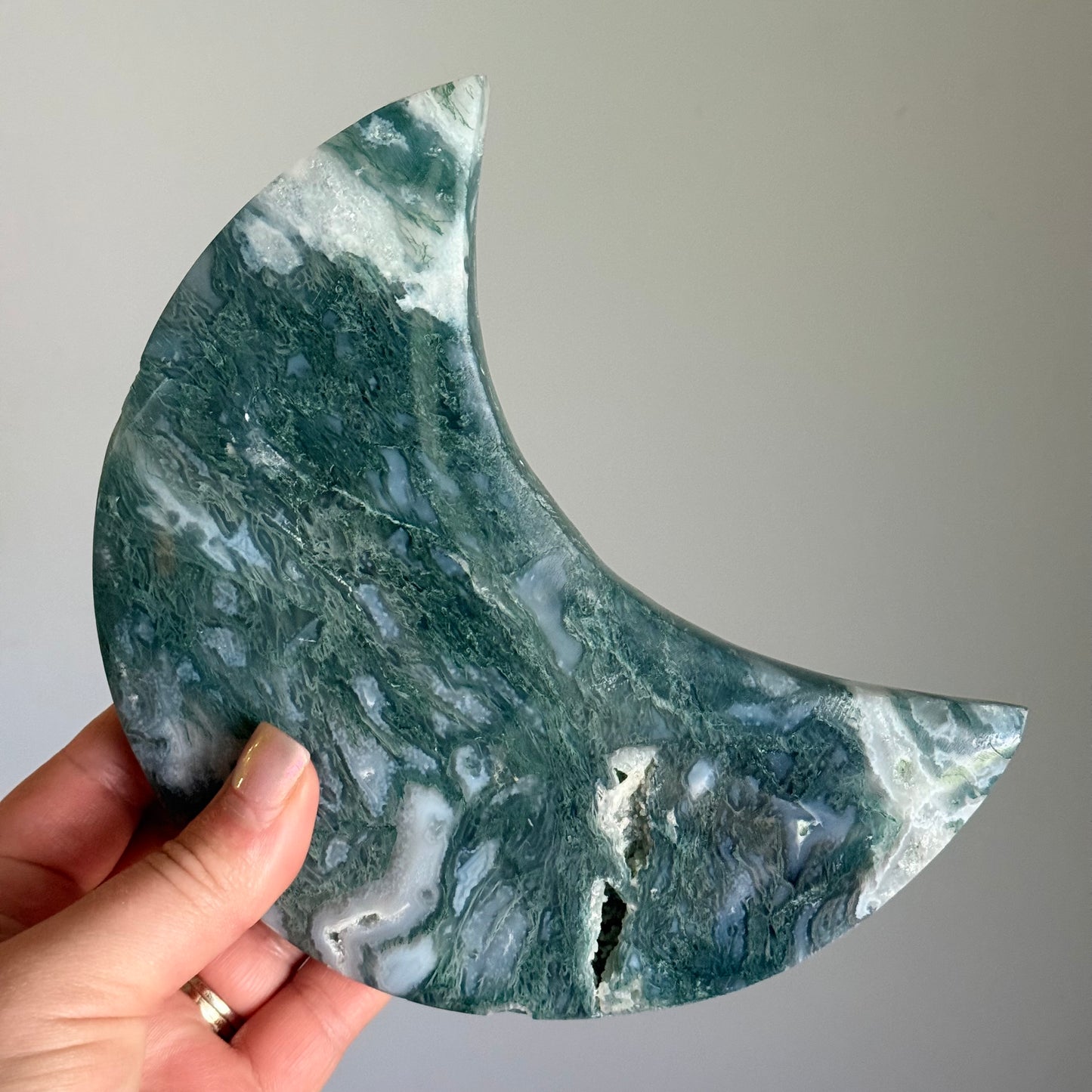 Natural Moss Agate Crystal Moon Carving