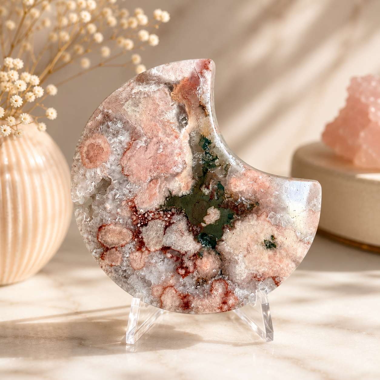 Pink Amethyst & Flower Agate Moon Druzy Crystal Heart