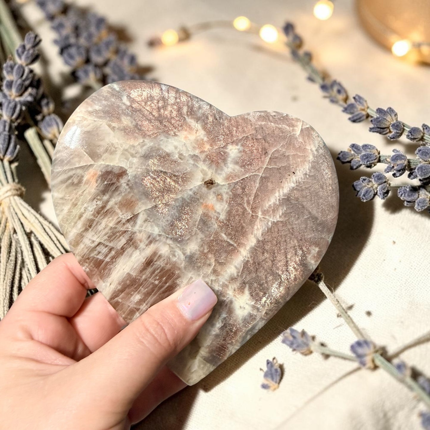 Sunstone Moonstone Crystal Heart w/ Flash