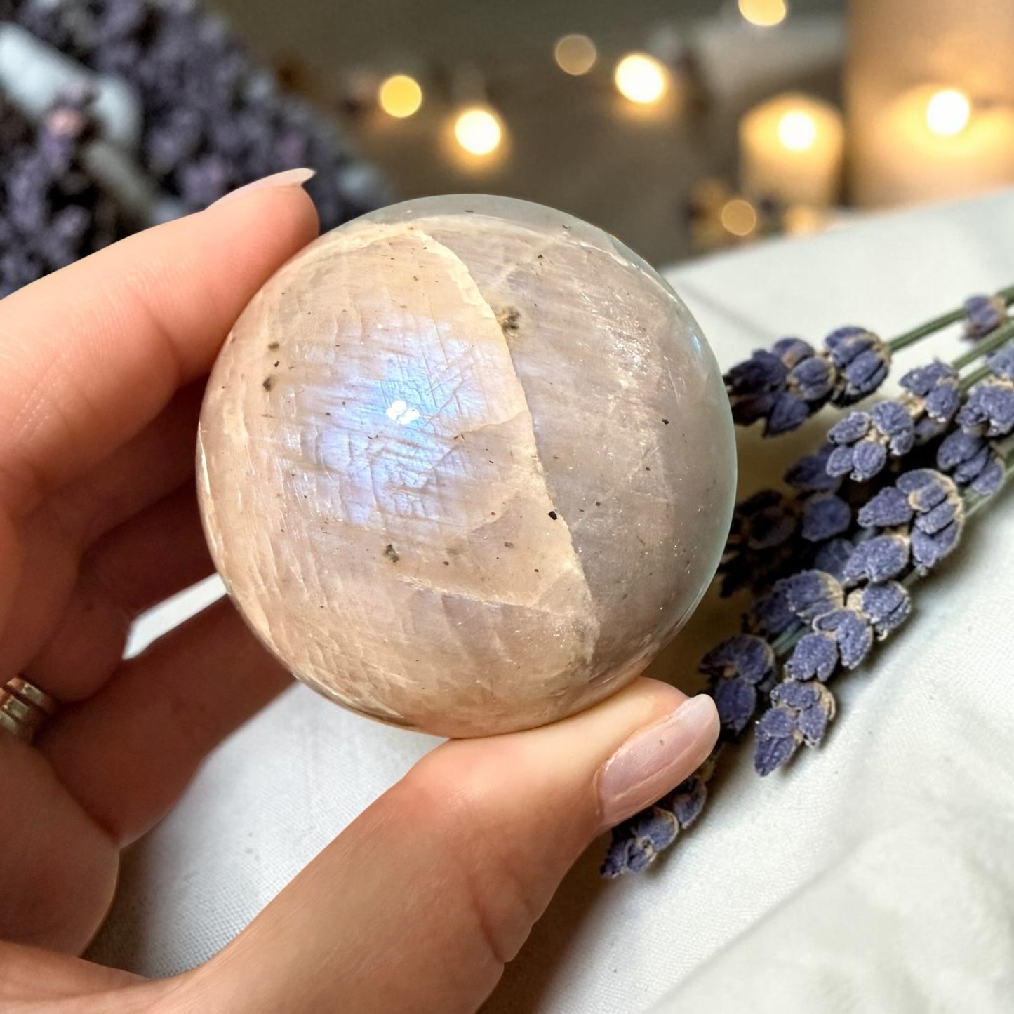 Natural Moonstone Crystal Sphere w/ Flash