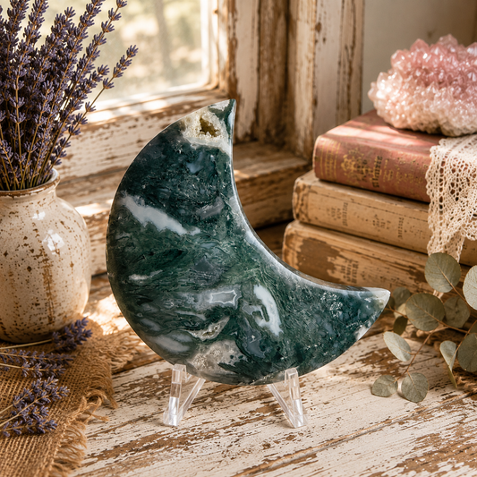 Natural Moss Agate Crystal Moon Carving