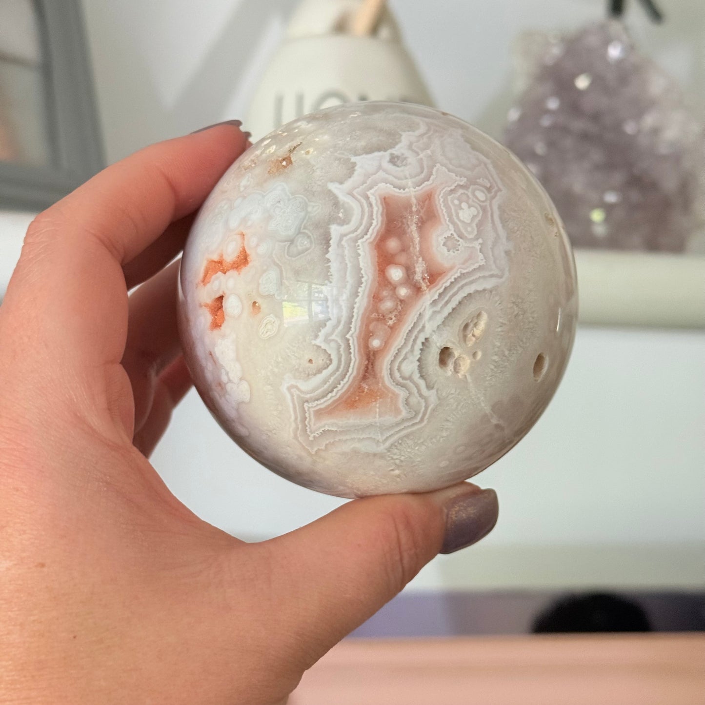 Pink Amethyst & Flower Agate Crystal Sugar Druzy Sphere