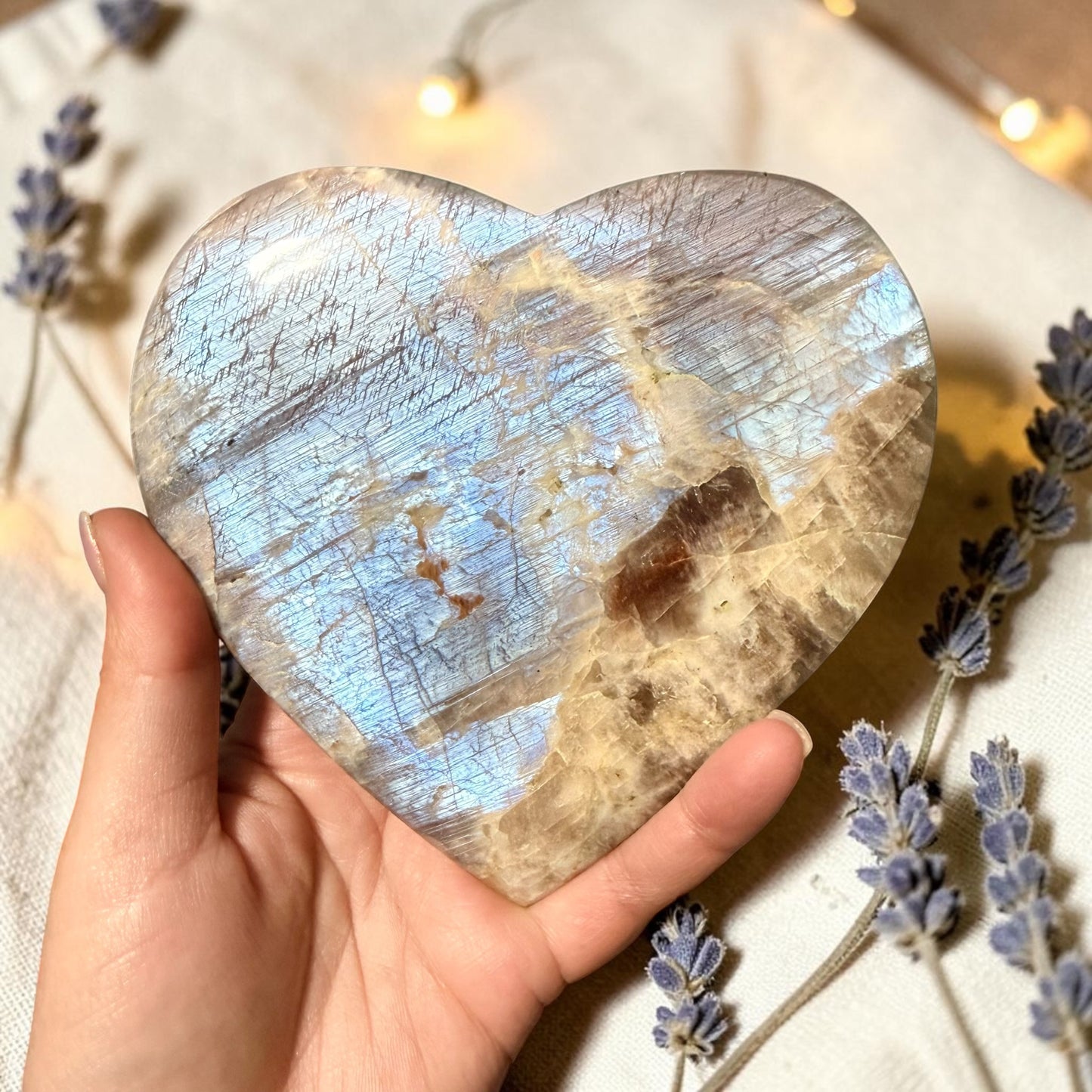 Sunstone Moonstone Crystal Heart w/ Flash