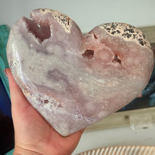 Pink Amethyst & Flower Agate Druzy Crystal Heart