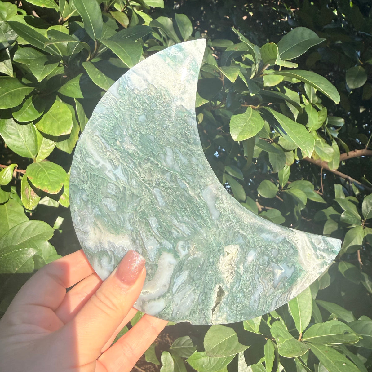 Natural Moss Agate Crystal Moon Carving