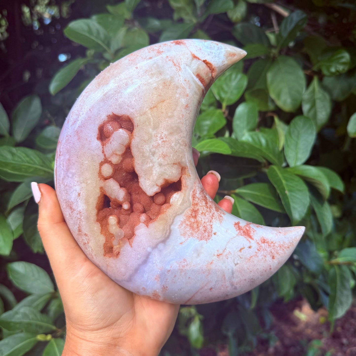 Pink Amethyst Druzy Crystal Moon Carving